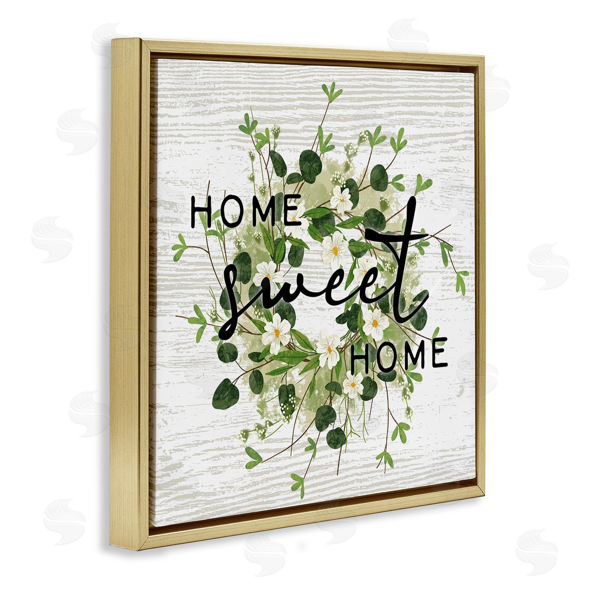 Ziwei Li Sweet Home Typography Floral Greenery Wreath Gold Floating Frame Canvas Wall Art Print