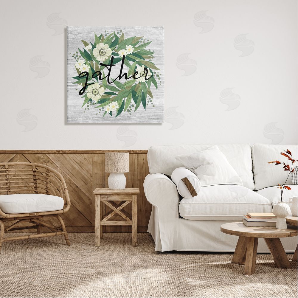 Ziwei Li Gather Calligraphy Flower Wreath Rustic Planked Pattern Canvas Wall Art in Room