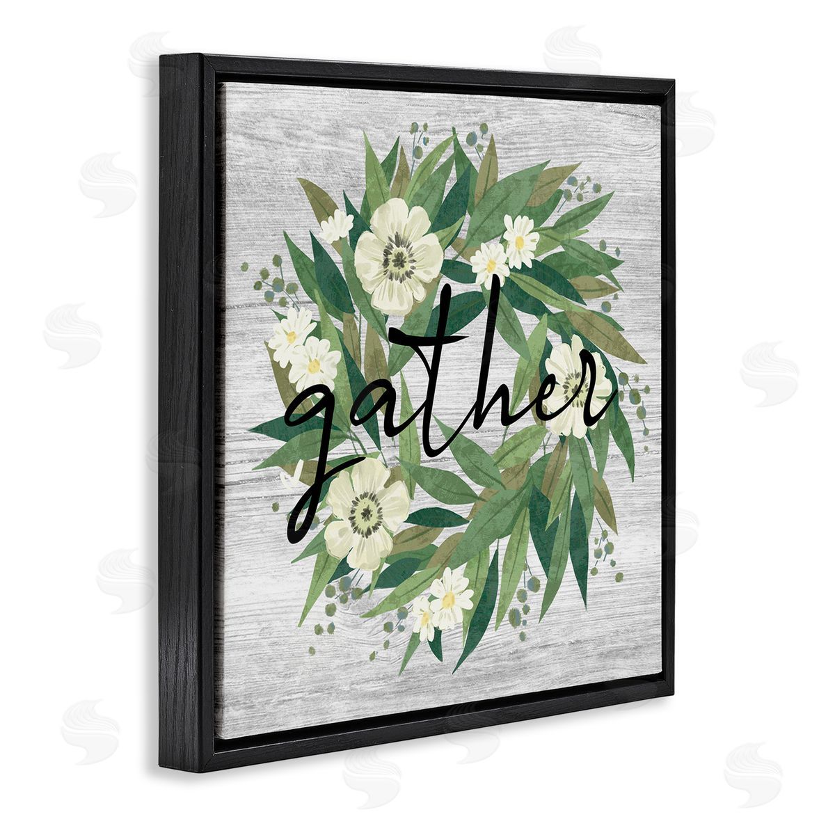Ziwei Li Gather Calligraphy Flower Wreath Rustic Planked Pattern Black Floating Frame Canvas Wall Art Print