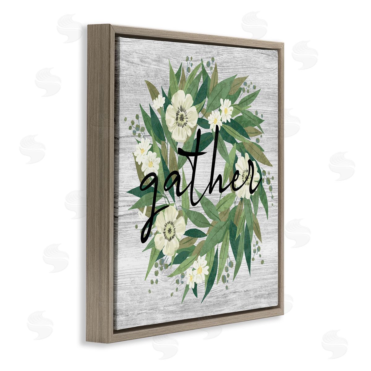 Ziwei Li Gather Calligraphy Flower Wreath Rustic Planked Pattern Brown Floating Frame Canvas Wall Art Print