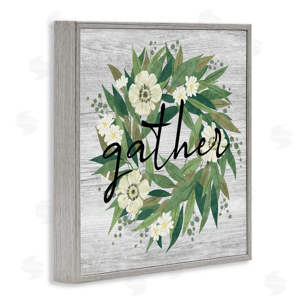 Ziwei Li Gather Calligraphy Flower Wreath Rustic Planked Pattern Gray Framed Glicee Wall Art Print