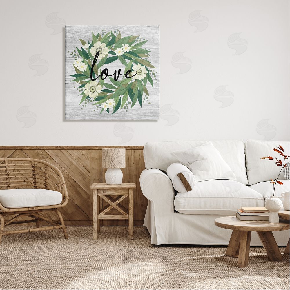 Ziwei Li Love Typography White Blossom Wreath Country Botanicals Canvas Wall Art in Room