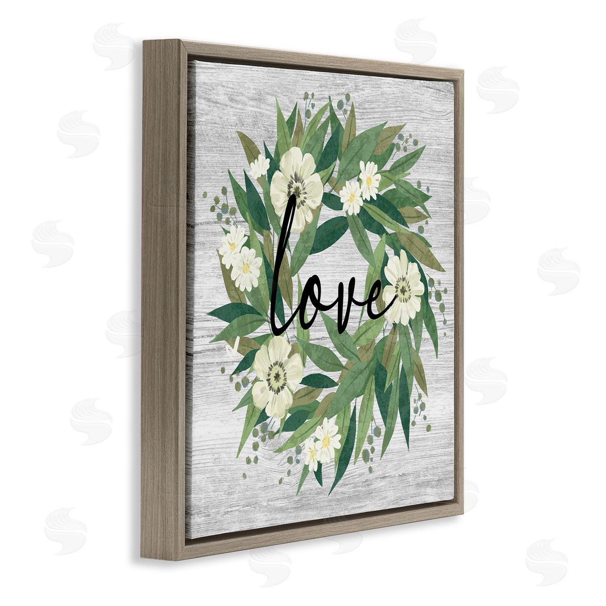 Ziwei Li Love Typography White Blossom Wreath Country Botanicals Brown Floating Frame Canvas Wall Art Print