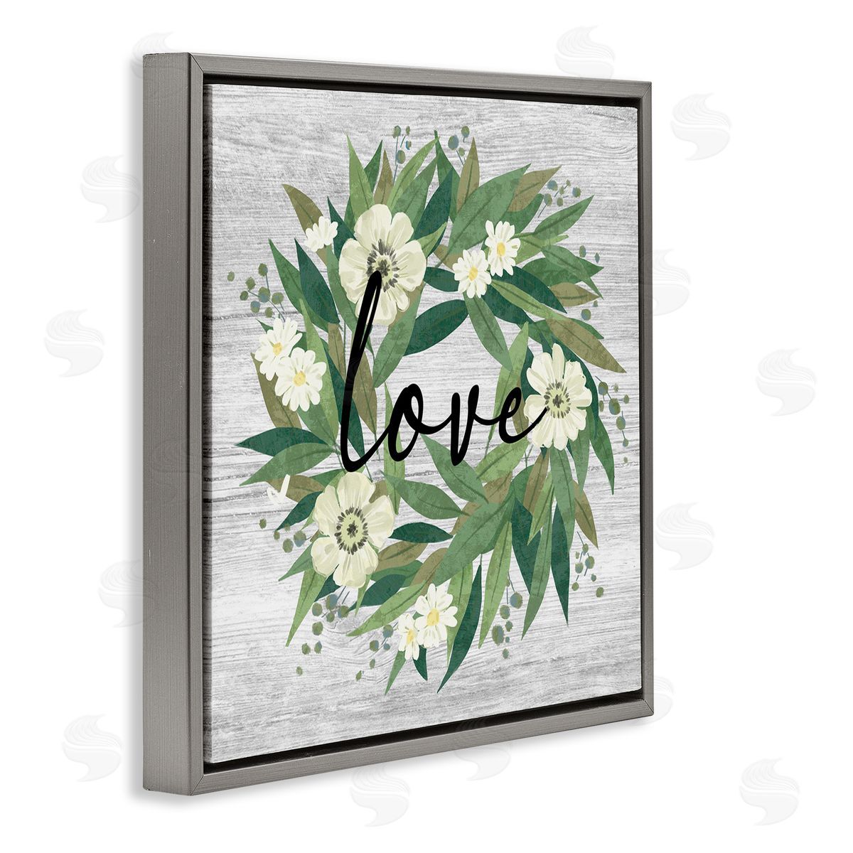 Ziwei Li Love Typography White Blossom Wreath Country Botanicals Gray Floating Frame Canvas Wall Art Print