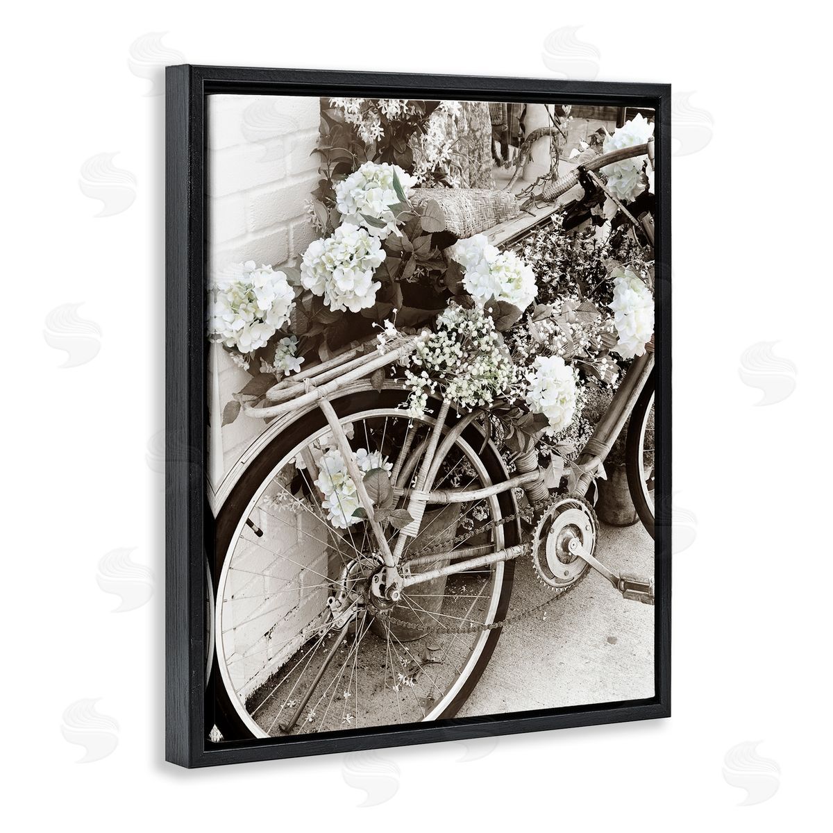 Acosta Flower Blossom Covered Bicycle Vintage Neighborhood Photography Black Floating Frame Canvas Wall Art Print