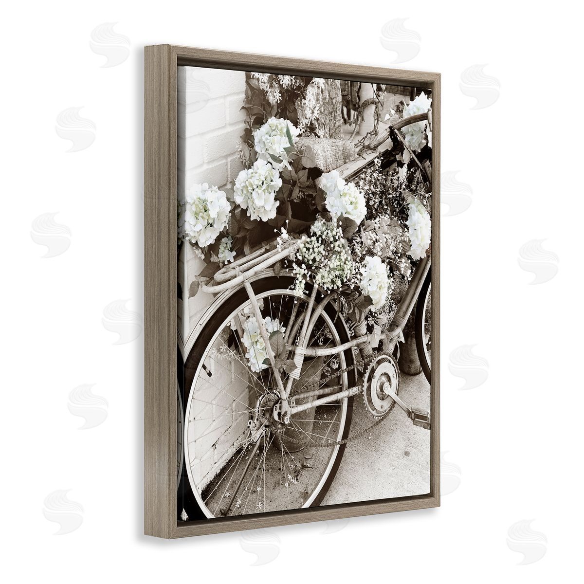 Acosta Flower Blossom Covered Bicycle Vintage Neighborhood Photography Brown Floating Frame Canvas Wall Art Print