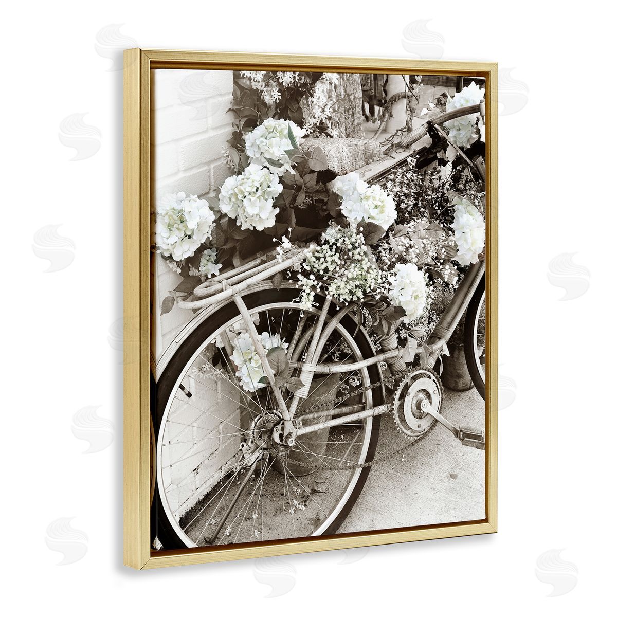 Acosta Flower Blossom Covered Bicycle Vintage Neighborhood Photography Gold Floating Frame Canvas Wall Art Print