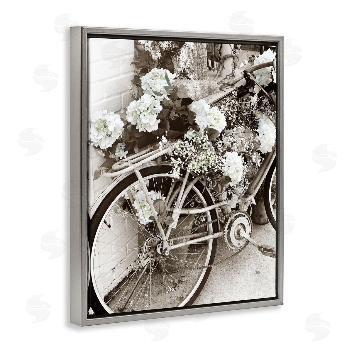 Acosta Flower Blossom Covered Bicycle Vintage Neighborhood Photography Gray Floating Frame Canvas Wall Art Print