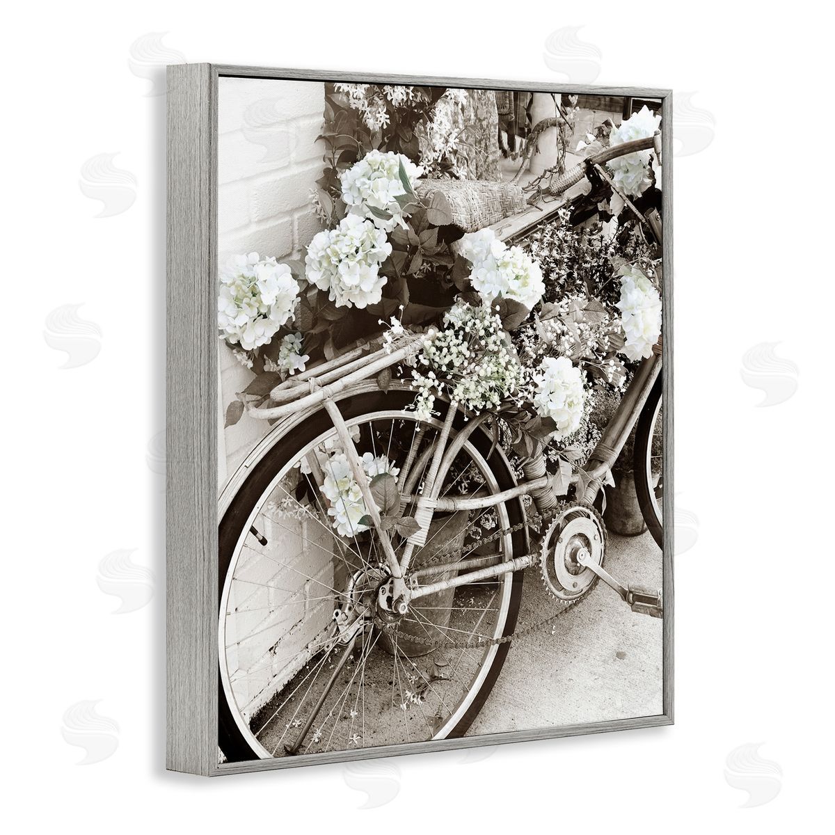 Acosta Flower Blossom Covered Bicycle Vintage Neighborhood Photography Gray Framed Giclee Wall Art Print