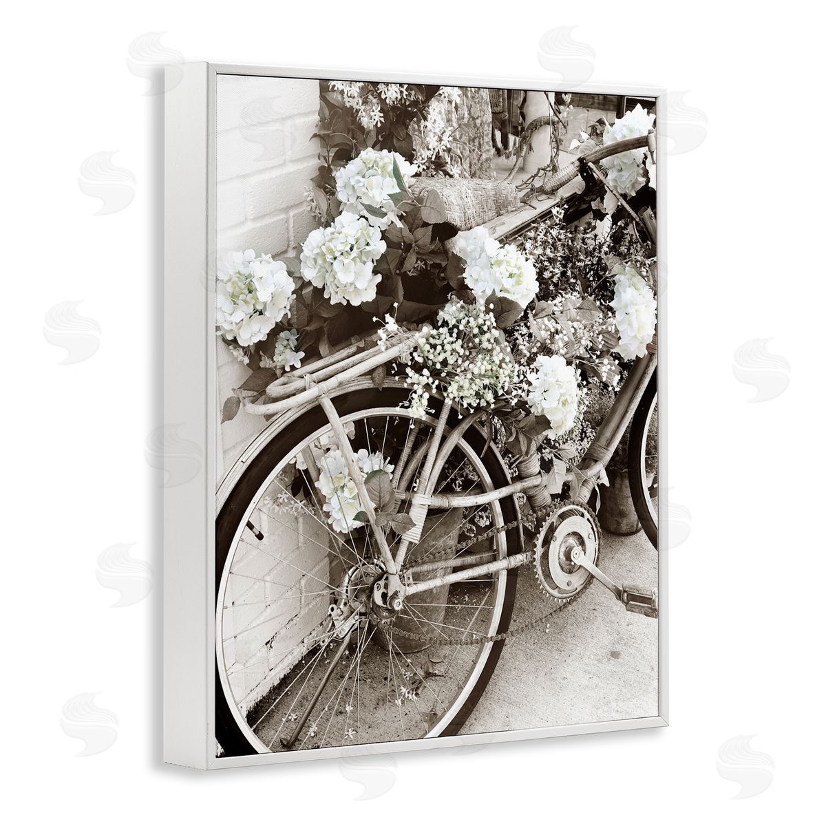 Acosta Flower Blossom Covered Bicycle Vintage Neighborhood Photography White Framed Giclee Wall Art Print