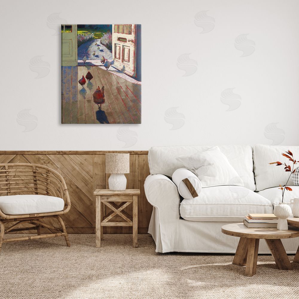 Lisa Timmerman Chickens Strolling Through Farmhouse Doorway Contemporary Strokes Canvas Wall Art Print in Room