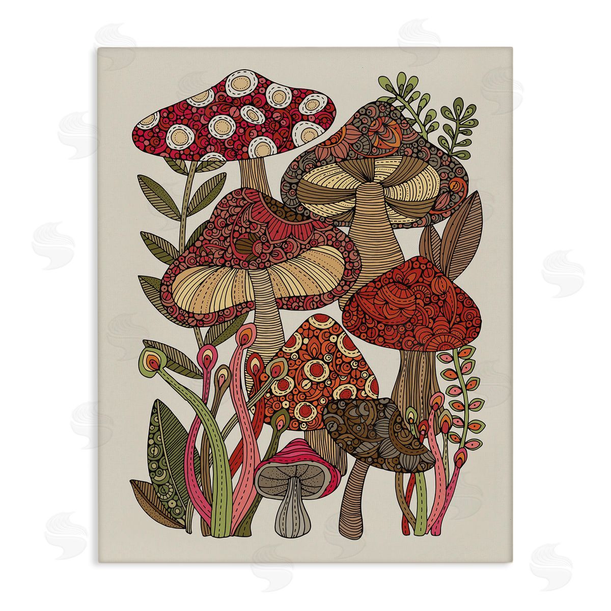 Valentina Harper Layered Mushrooms Nature Botanicals Intricate Floral Patterns Stretched Canvas Wall Art Print