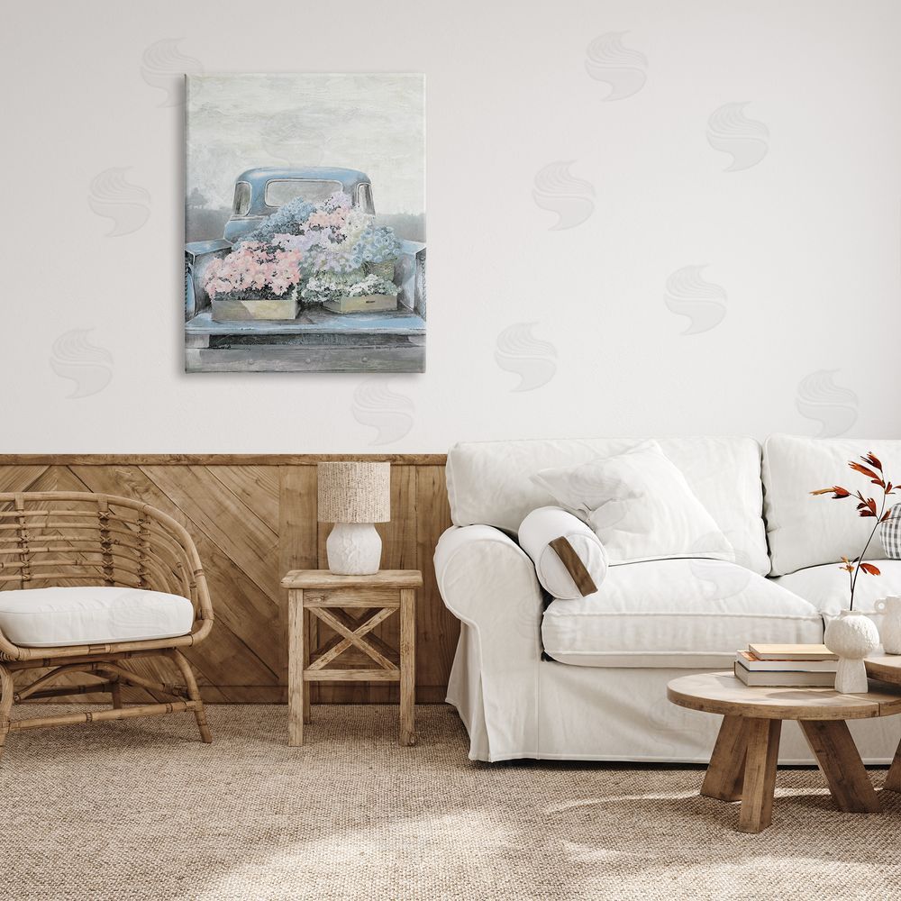 White Ladder Varied Floral Blossoms Vintage Countryside Pickup Truck Canvas Wall Art Print in Room