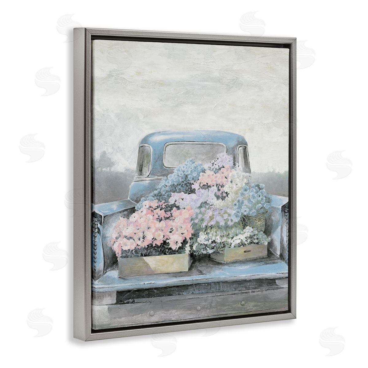 White Ladder Varied Floral Blossoms Vintage Countryside Pickup Truck Gray Floating Frame Canvas Wall Art Print