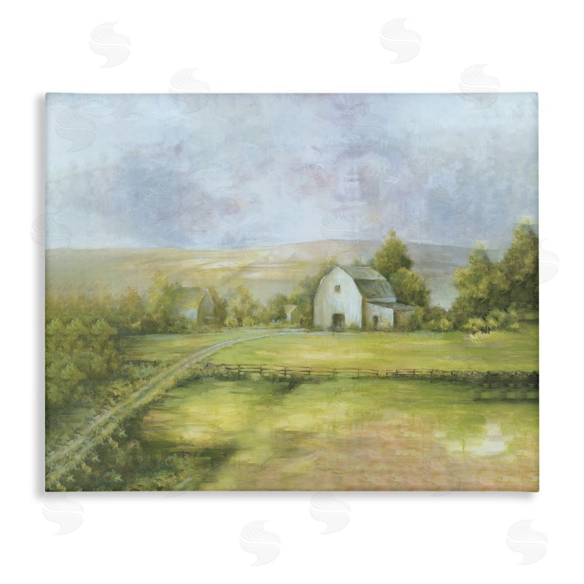 White Ladder Distant White Barn Vast Rural Farmland Fields Stretched Canvas Wall Art Print