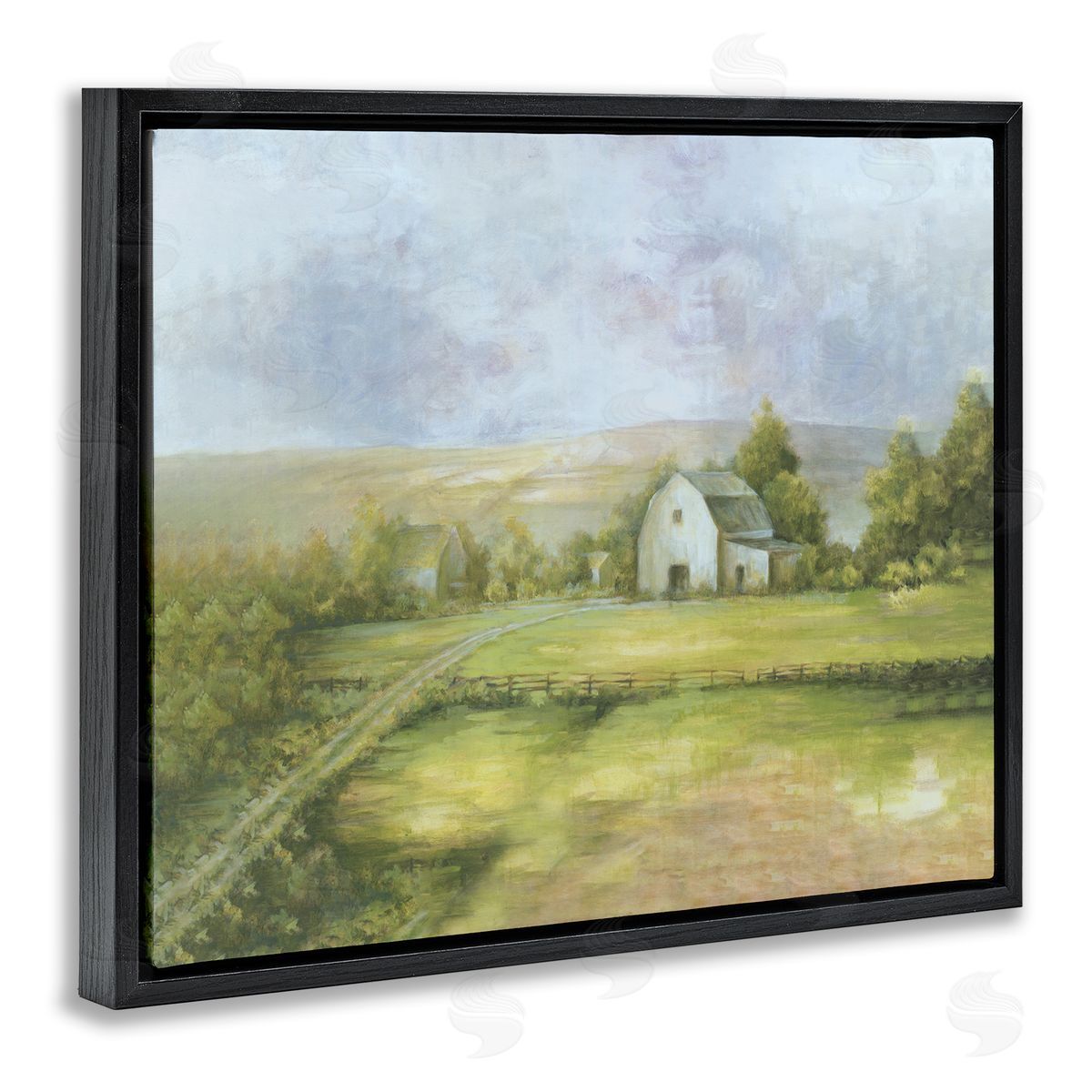 White Ladder Distant White Barn Vast Rural Farmland Fields Black Floating Frame Canvas Wall Art Print
