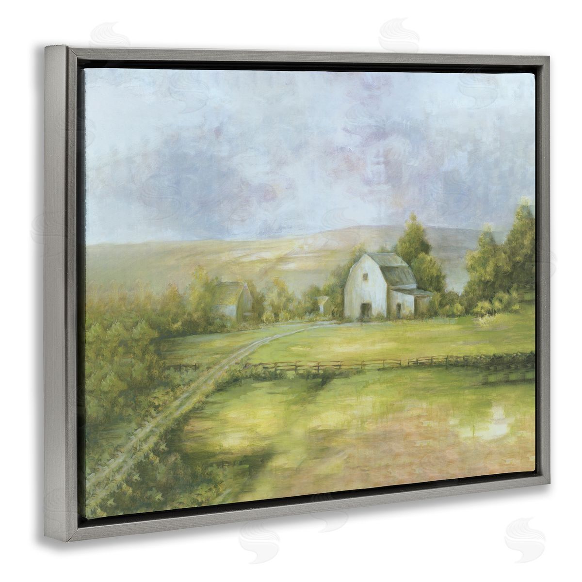 White Ladder Distant White Barn Vast Rural Farmland Fields Gray Floating Frame Canvas Wall Art Print