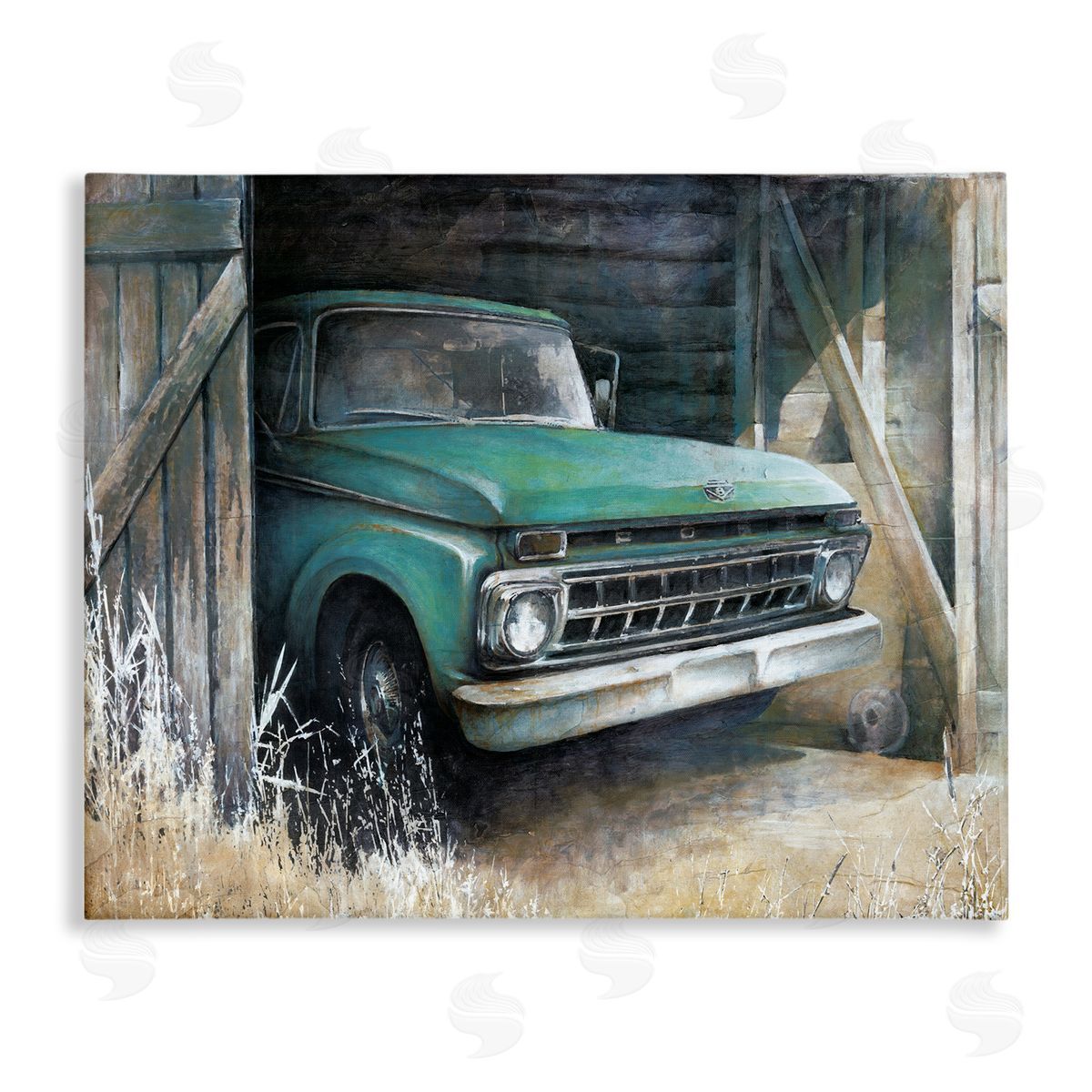 White Ladder Weathered Country Barn Vintage Green Pickup Truck  Stretched Canvas Wall Art Print