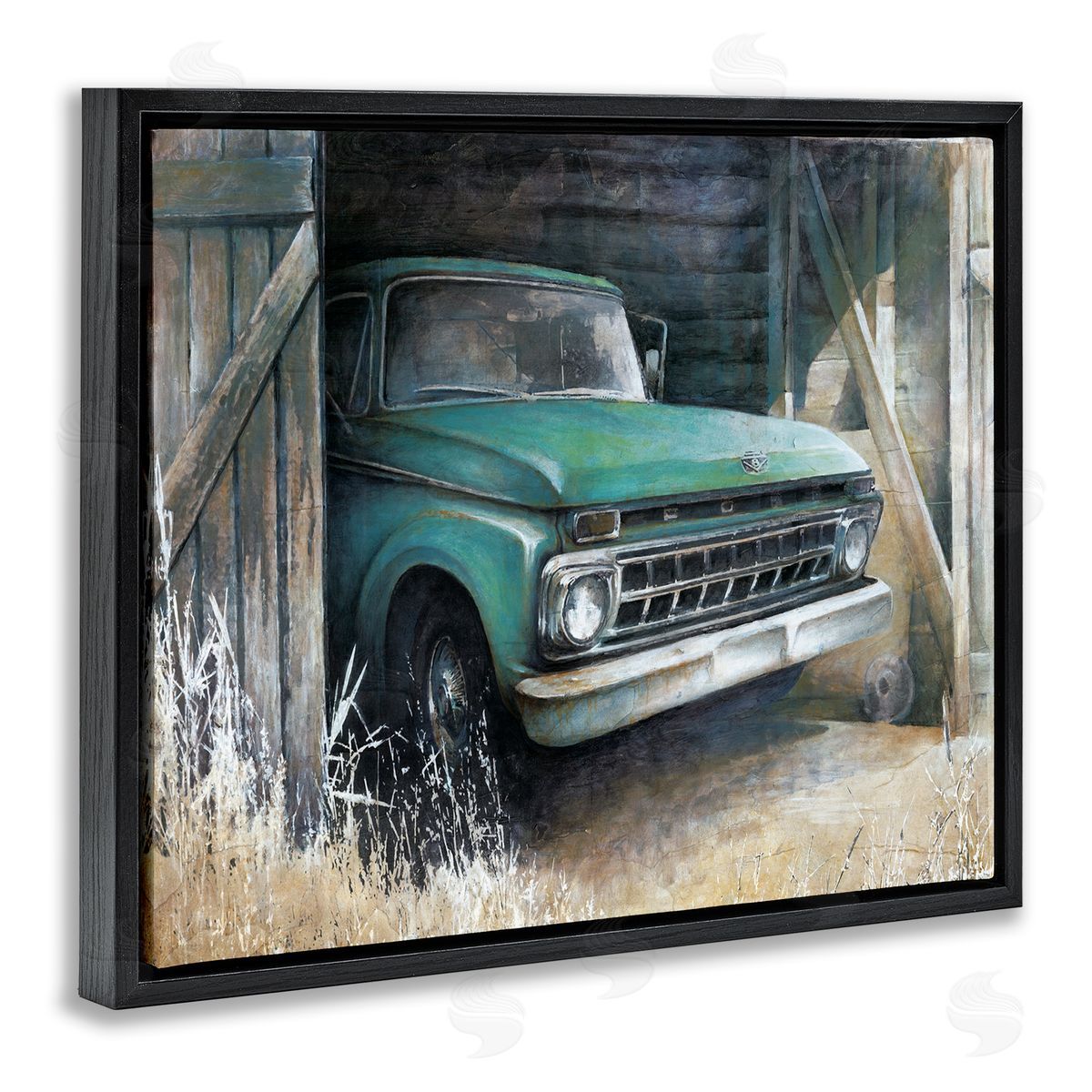 White Ladder Weathered Country Barn Vintage Green Pickup Truck  Black Floating Frame Canvas Wall Art Print