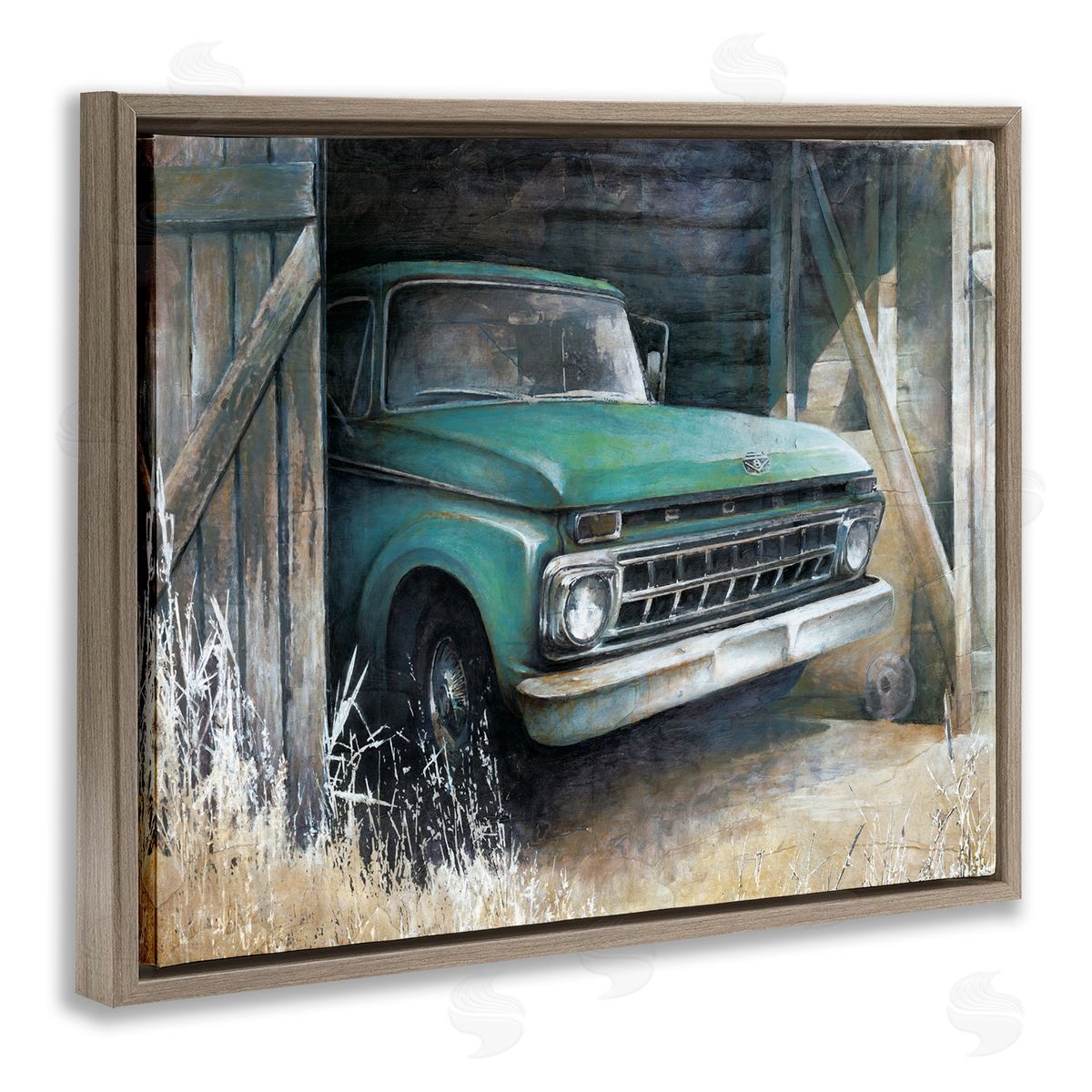 White Ladder Weathered Country Barn Vintage Green Pickup Truck  Brown Floating Frame Canvas Wall Art Print