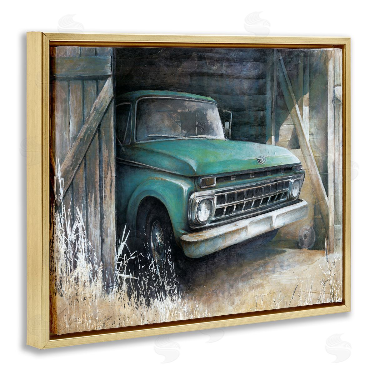 White Ladder Weathered Country Barn Vintage Green Pickup Truck  Gold Floating Frame Canvas Wall Art Print