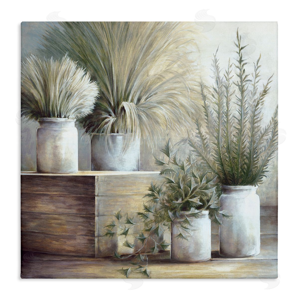 White Ladder Mixed Potted House Plants Indoor Garden Still Life Stretched Canvas Wall Art Print