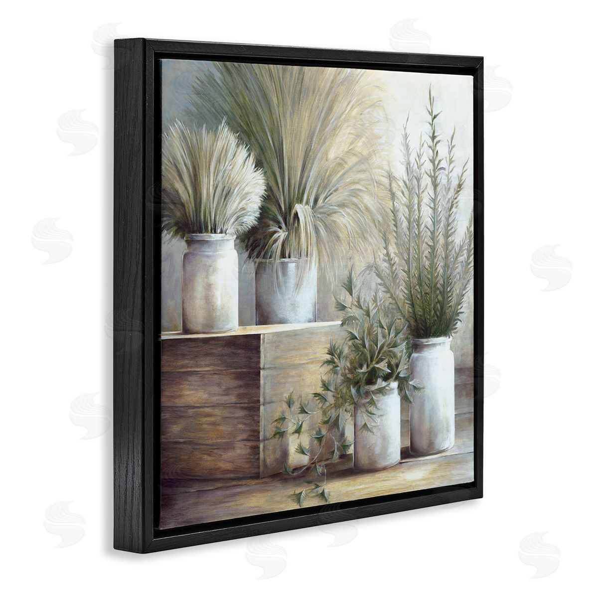 White Ladder Mixed Potted House Plants Indoor Garden Still Life Black Floating Frame Canvas Wall Art Print