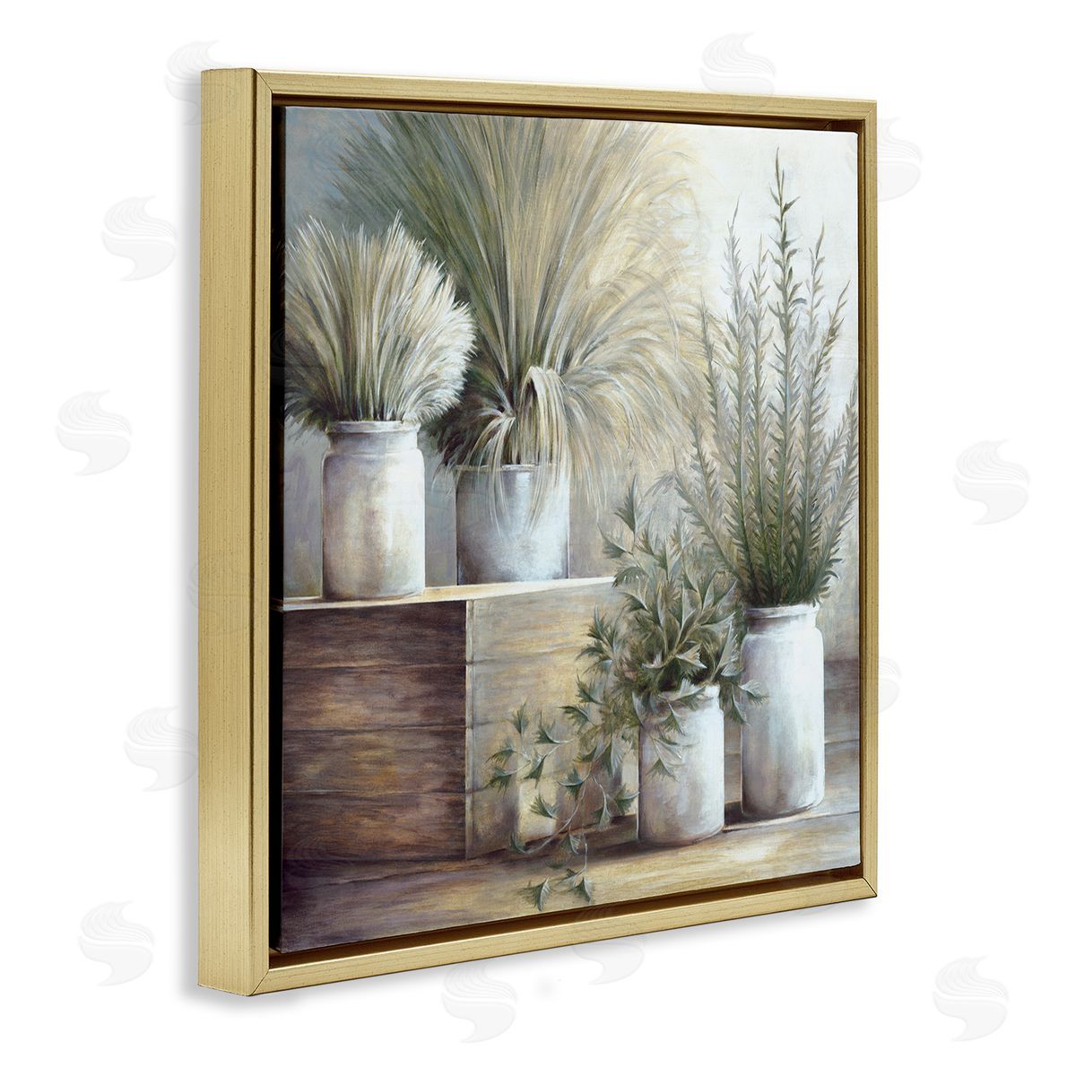 White Ladder Mixed Potted House Plants Indoor Garden Still Life Gold Floating Frame Canvas Wall Art Print
