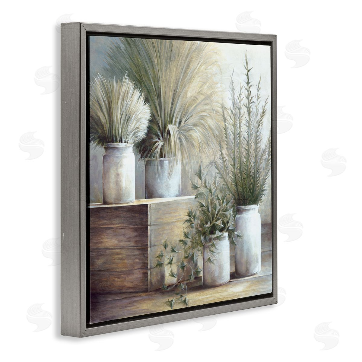 White Ladder Mixed Potted House Plants Indoor Garden Still Life Gray Floating Frame Canvas Wall Art Print