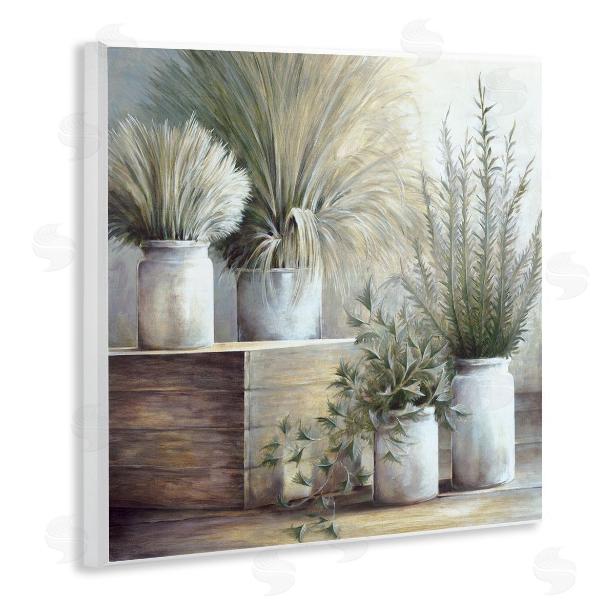 White Ladder Mixed Potted House Plants Indoor Garden Still Life Wooden Wall Plaque Art Print