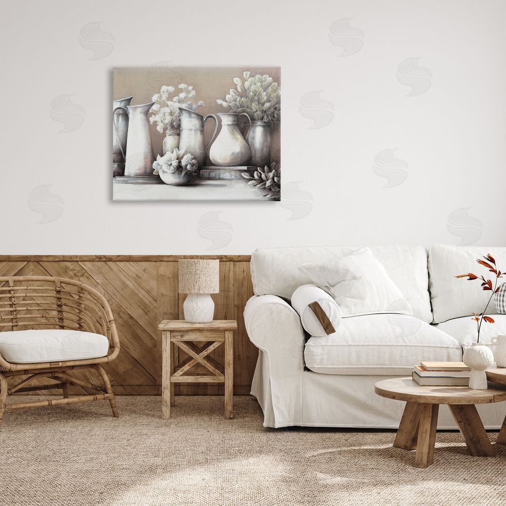 White Ladder Classic Flower Arrangement Country Water Jug Painting Canvas Wall Art Print in Room