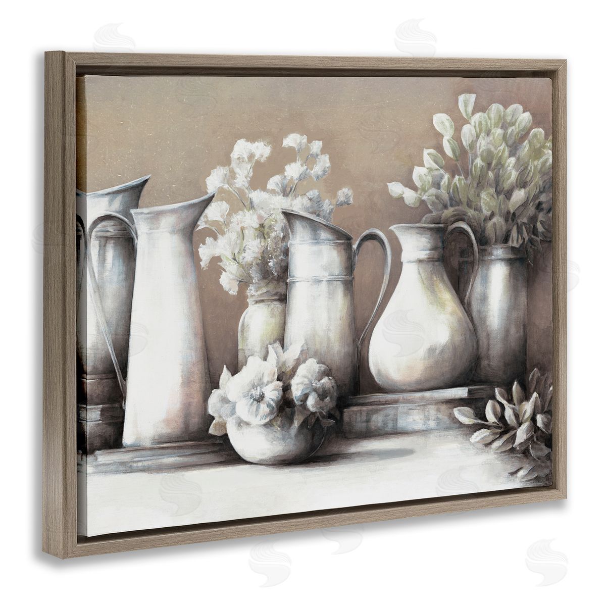 White Ladder Classic Flower Arrangement Country Water Jug Painting Brown Floating Frame Canvas Wall Art Print