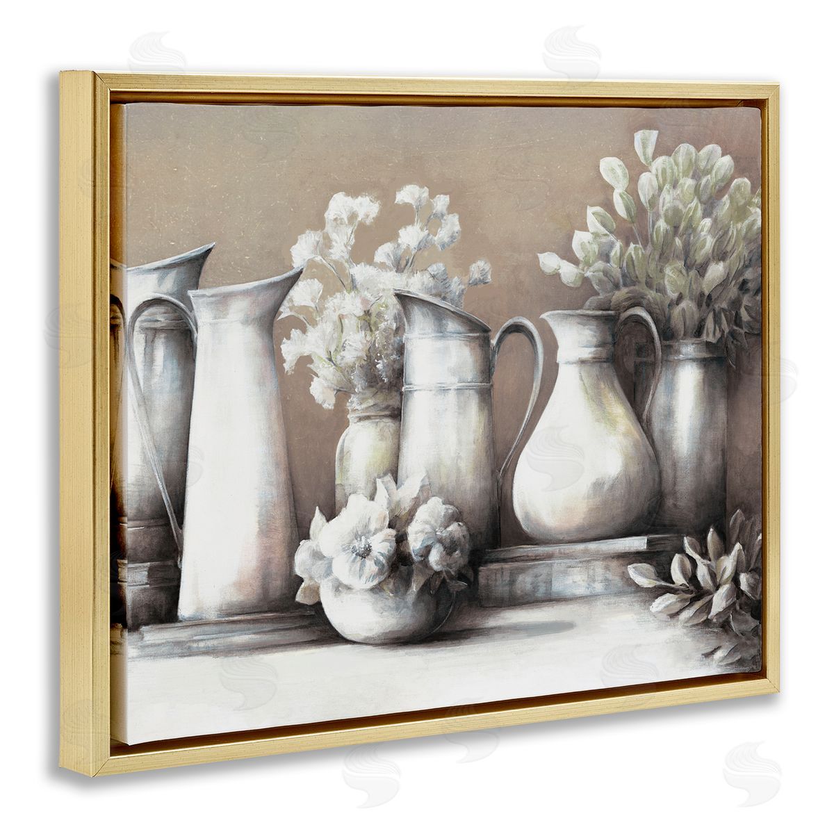 White Ladder Classic Flower Arrangement Country Water Jug Painting Gold Floating Frame Canvas Wall Art Print