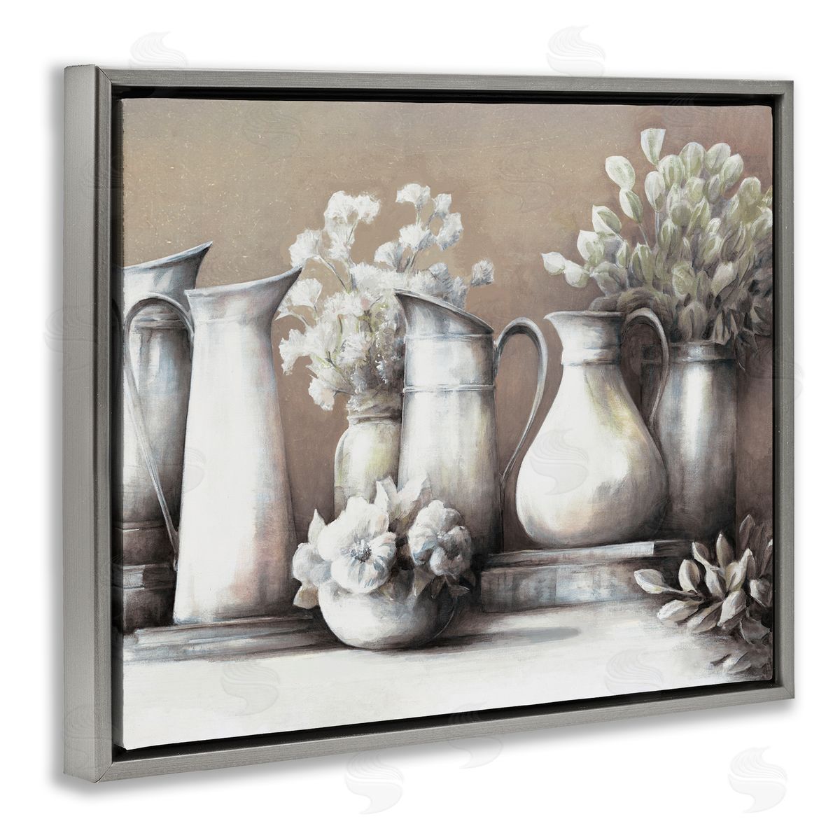 White Ladder Classic Flower Arrangement Country Water Jug Painting Gray Floating Frame Canvas Wall Art Print