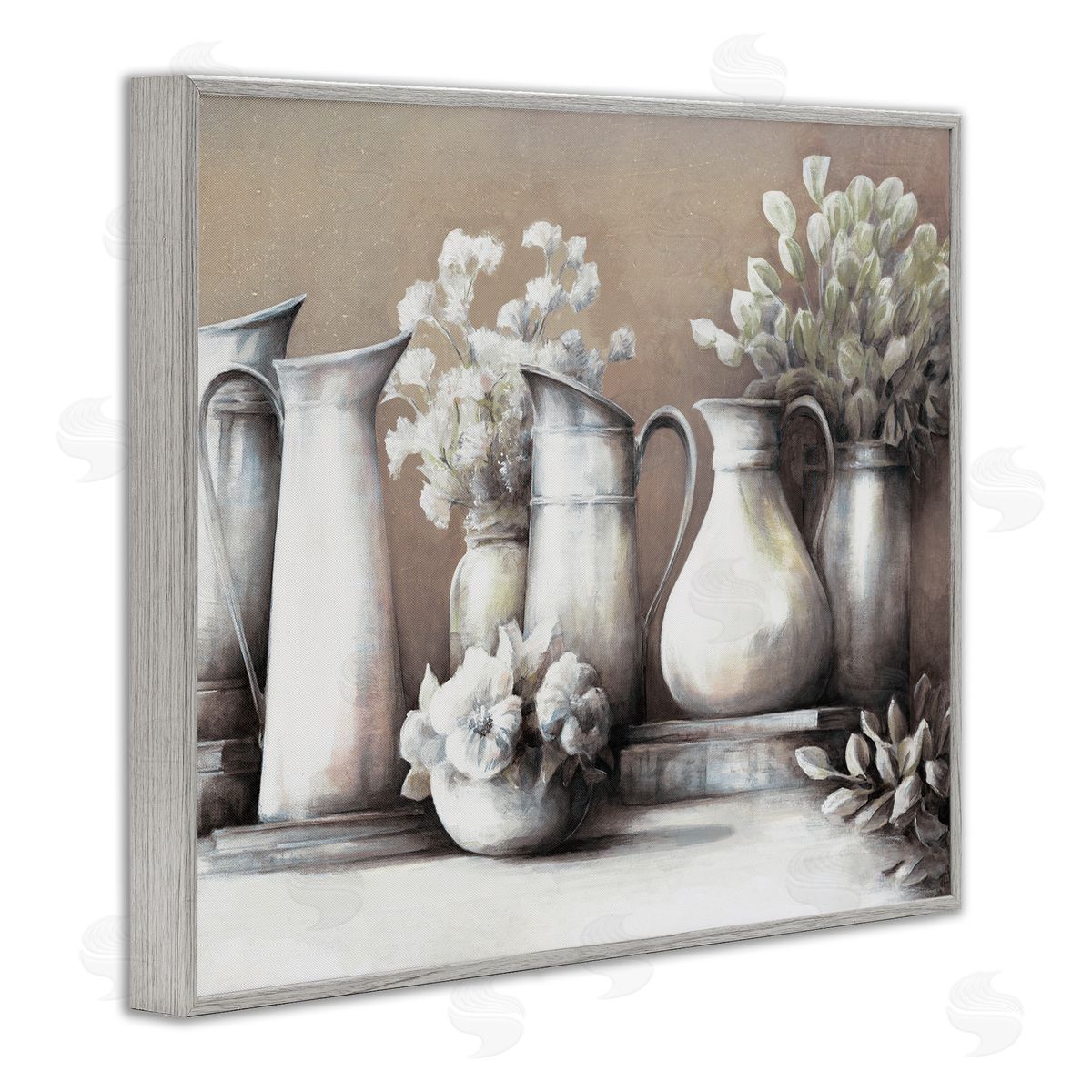 White Ladder Classic Flower Arrangement Country Water Jug Painting Gray Framed Giclee Wall Art Print