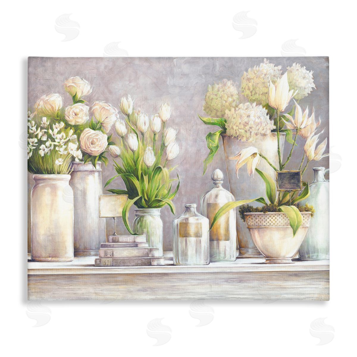 White Ladder Varied Flower Bouquets Traditional Still Life Plants Stretched Canvas Wall Art Print