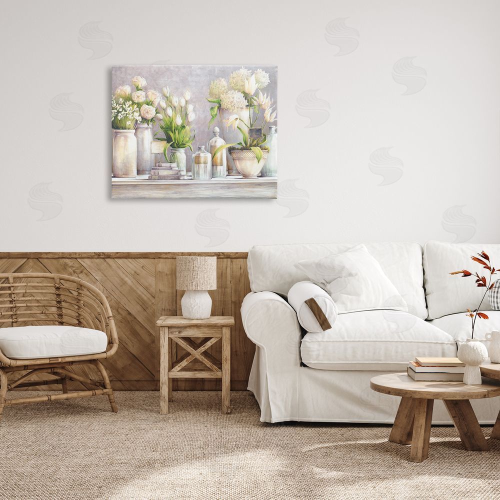 White Ladder Varied Flower Bouquets Traditional Still Life Plants Canvas Wall Art Print in Room