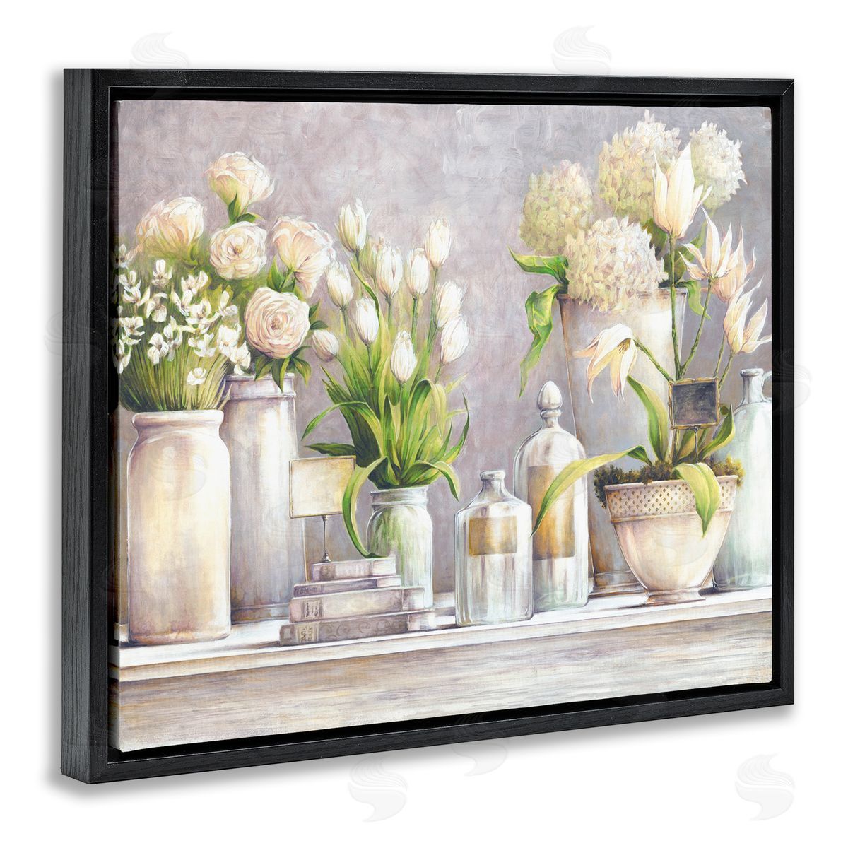 White Ladder Varied Flower Bouquets Traditional Still Life Plants Black Floating Frame Canvas Wall Art Print