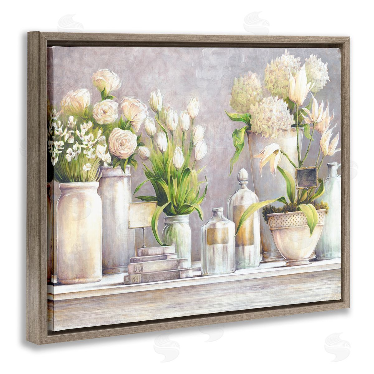 White Ladder Varied Flower Bouquets Traditional Still Life Plants Brown Floating Frame Canvas Wall Art Print