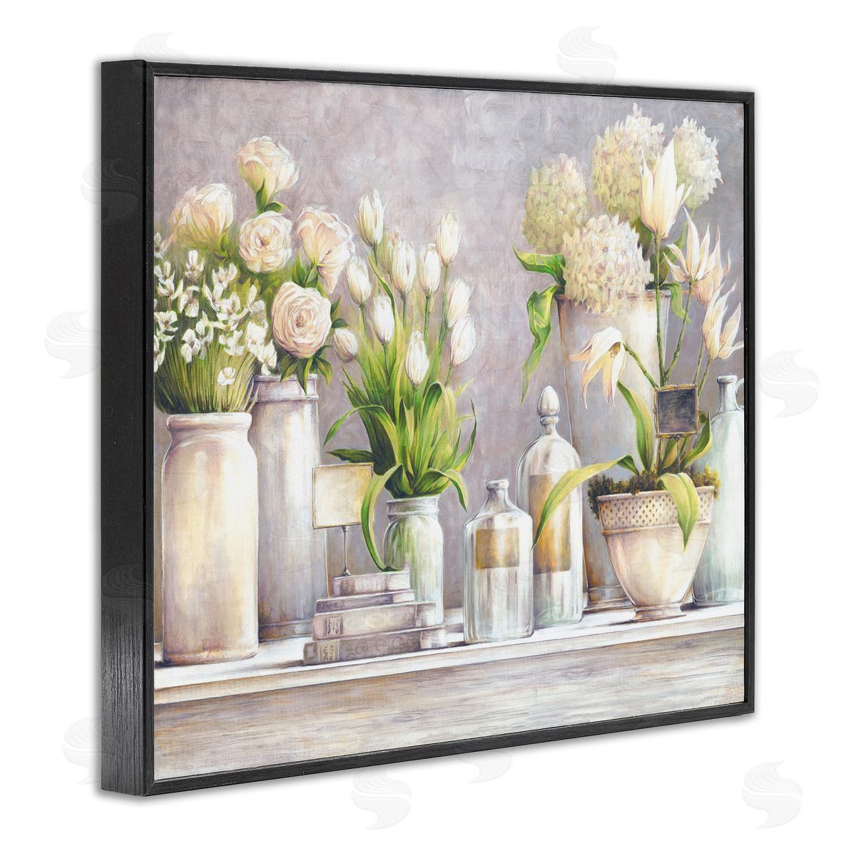 White Ladder Varied Flower Bouquets Traditional Still Life Plants Black Framed Giclee Wall Art Print