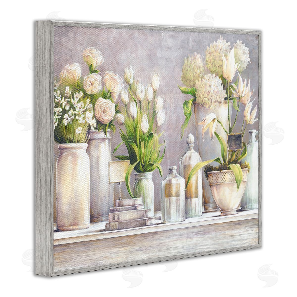 White Ladder Varied Flower Bouquets Traditional Still Life Plants Gray Framed Giclee Wall Art Print