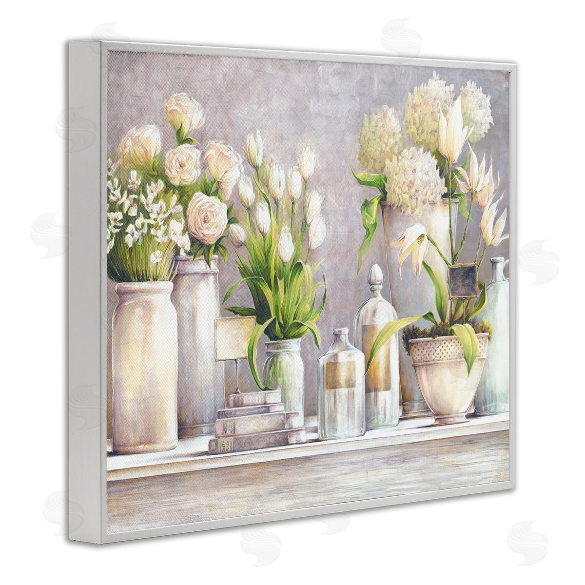 White Ladder Varied Flower Bouquets Traditional Still Life Plants White Framed Giclee Wall Art Print