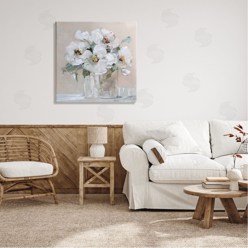 Sally Swatland Traditional White Blooms Flower Arrangement Still Life Canvas Wall Art in Room