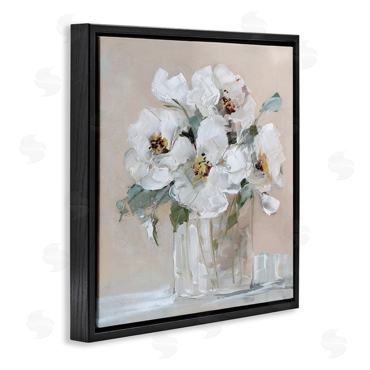 Sally Swatland Traditional White Blooms Flower Arrangement Still Life Black Floating Frame Canvas Wall Art Print