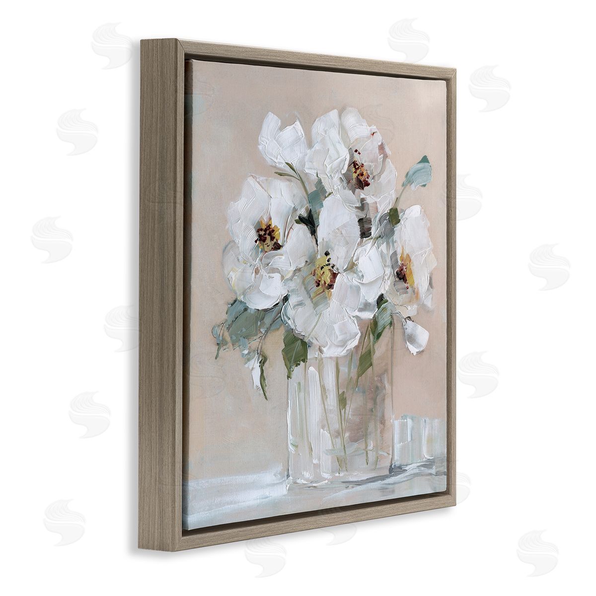 Sally Swatland Traditional White Blooms Flower Arrangement Still Life Brown Floating Frame Canvas Wall Art Print