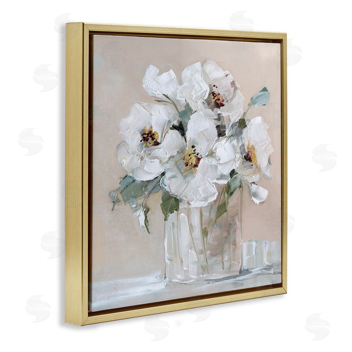 Sally Swatland Traditional White Blooms Flower Arrangement Still Life Gold Floating Frame Canvas Wall Art Print
