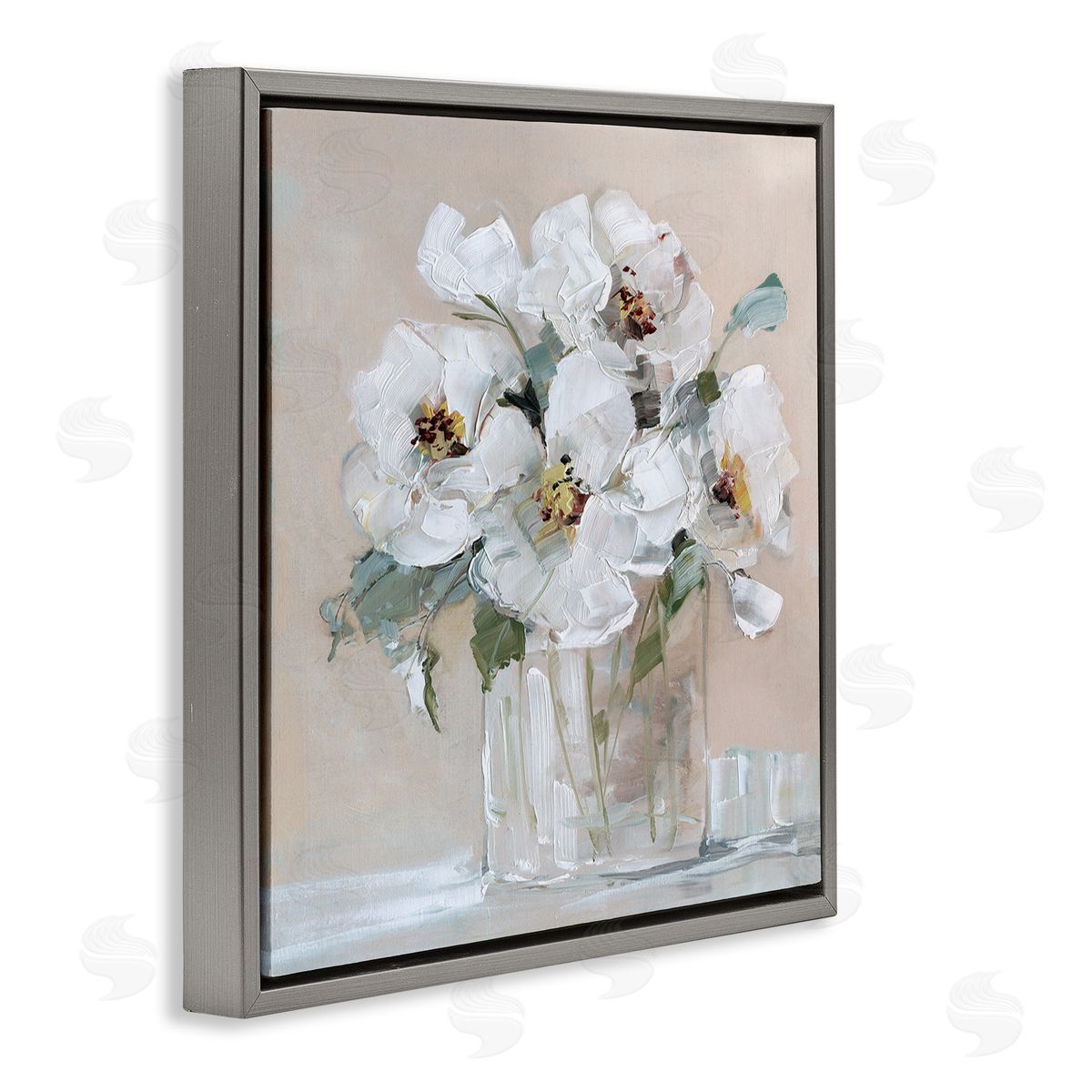 Sally Swatland Traditional White Blooms Flower Arrangement Still Life Gray Floating Frame Canvas Wall Art Print