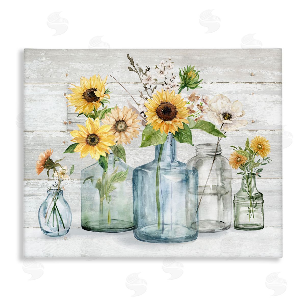 Carol Robinson Varied Country Flower Blooms Rustic Planked Pattern Stretched Canvas Wall Art Print