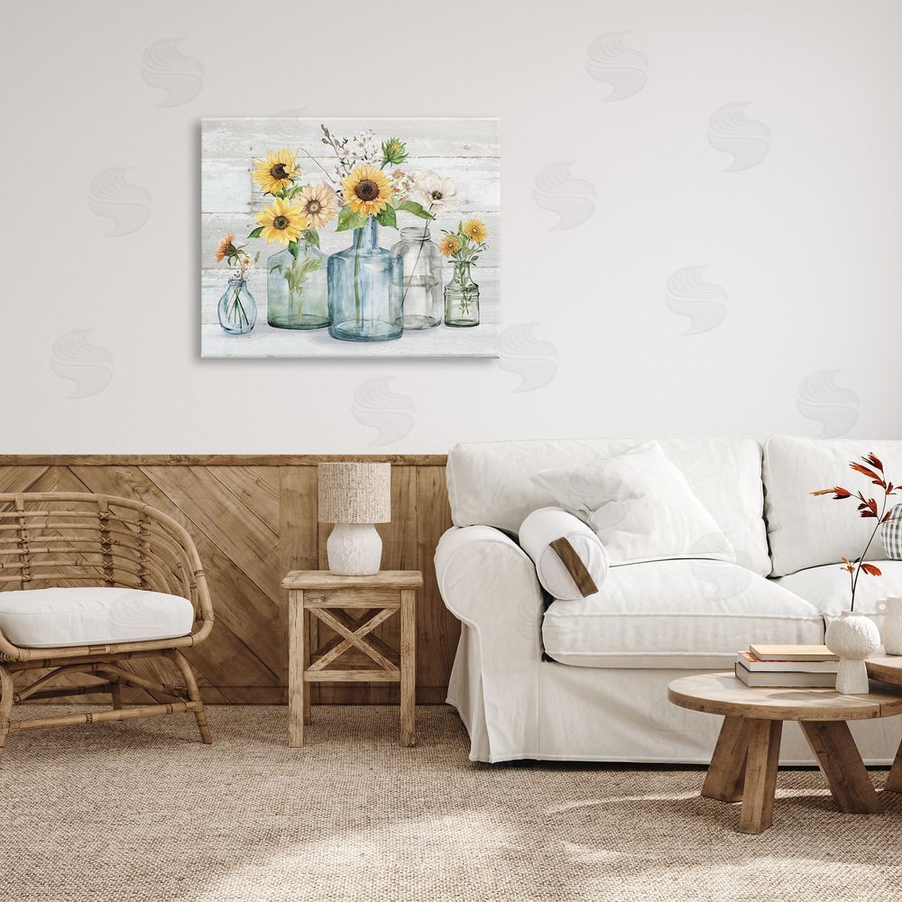 Carol Robinson Varied Country Flower Blooms Rustic Planked Pattern Canvas Wall Art Print in Room