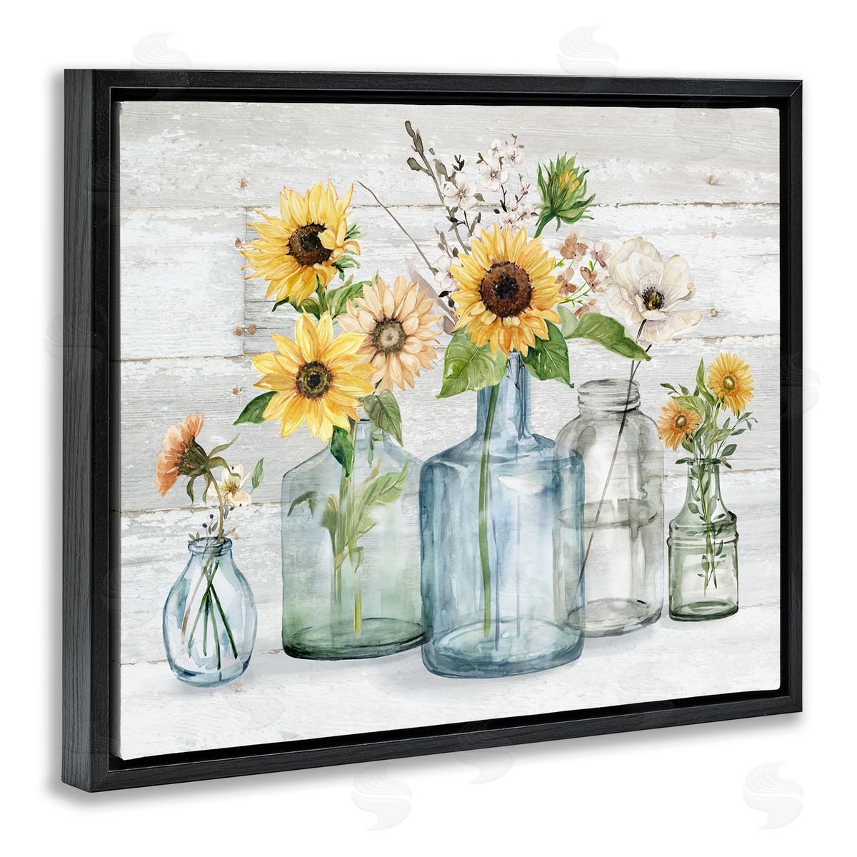 Carol Robinson Varied Country Flower Blooms Rustic Planked Pattern Black Floating Frame Canvas Wall Art Print